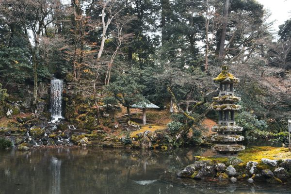 Garden pond with a small waterfall and a stone lantern