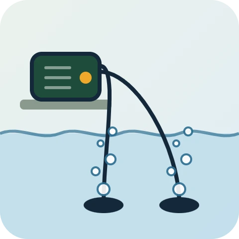 Illustration of a pond aerator kit with an air pump and two air stones