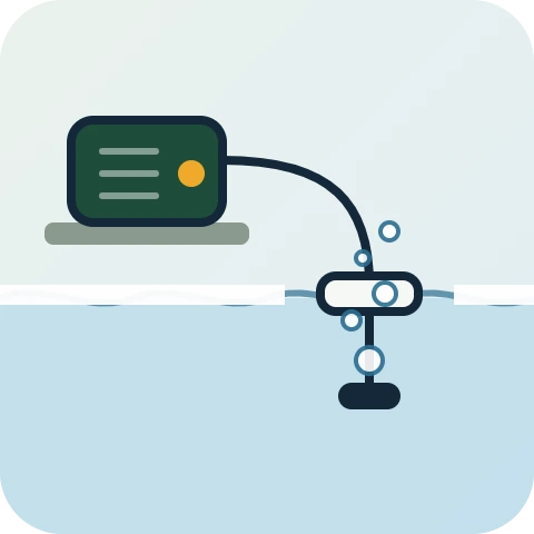 Illustration of a pond aerator with an air stone hanging from a float below winter ice