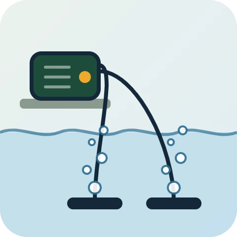 Illustration of a pond aerator kit with an air pump and two diffuser sticks